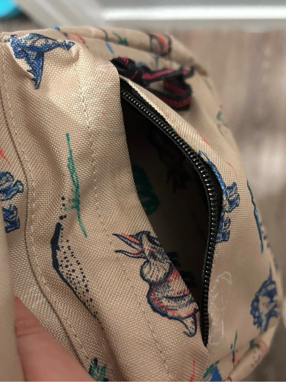 Beige Dinosaur-Print Mini Backpack with Black Straps
